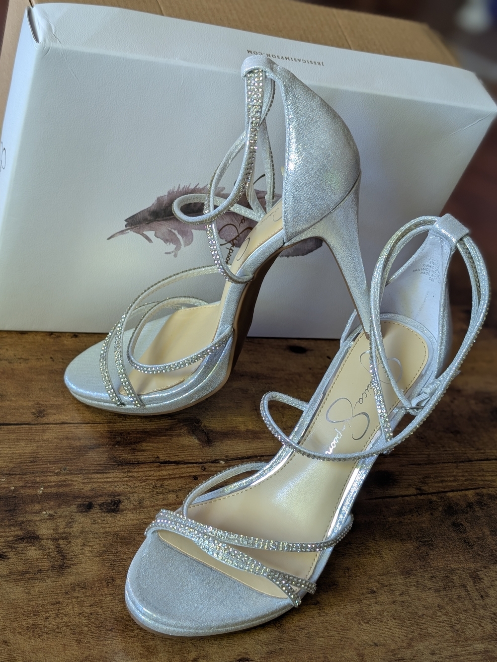 Jessica Simpson "Jaeya" Silver Strappy Rhinestone High Heel Sandals